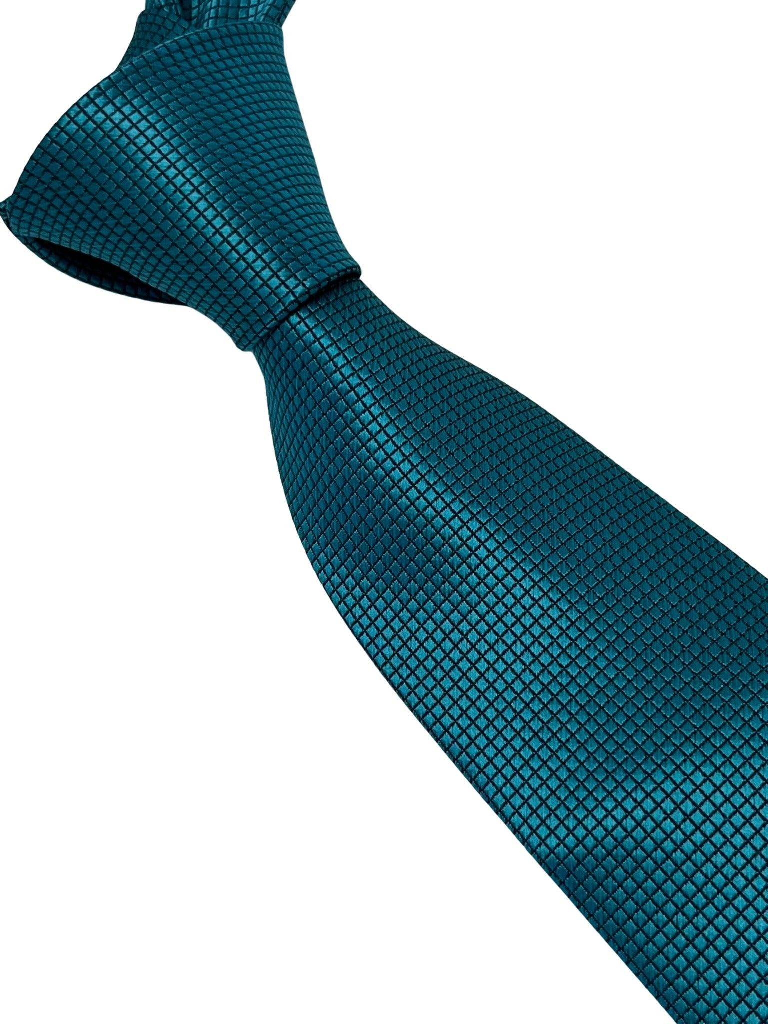 teal turquoise green silky tie with subtle squared design - Image 6
