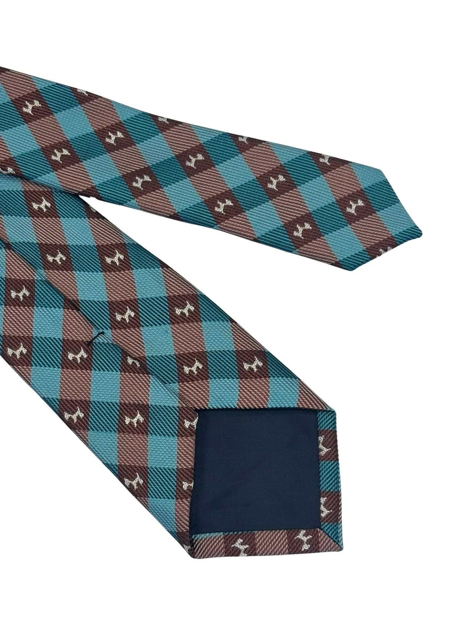 turquoise  and brown plaid gingham tie with Scottish Terrier design. - Image 5