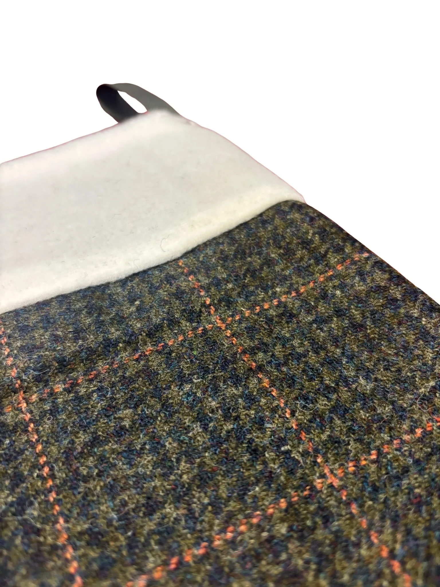 tweed wool Christmas stocking in green with orange gold windowpane - Image 3