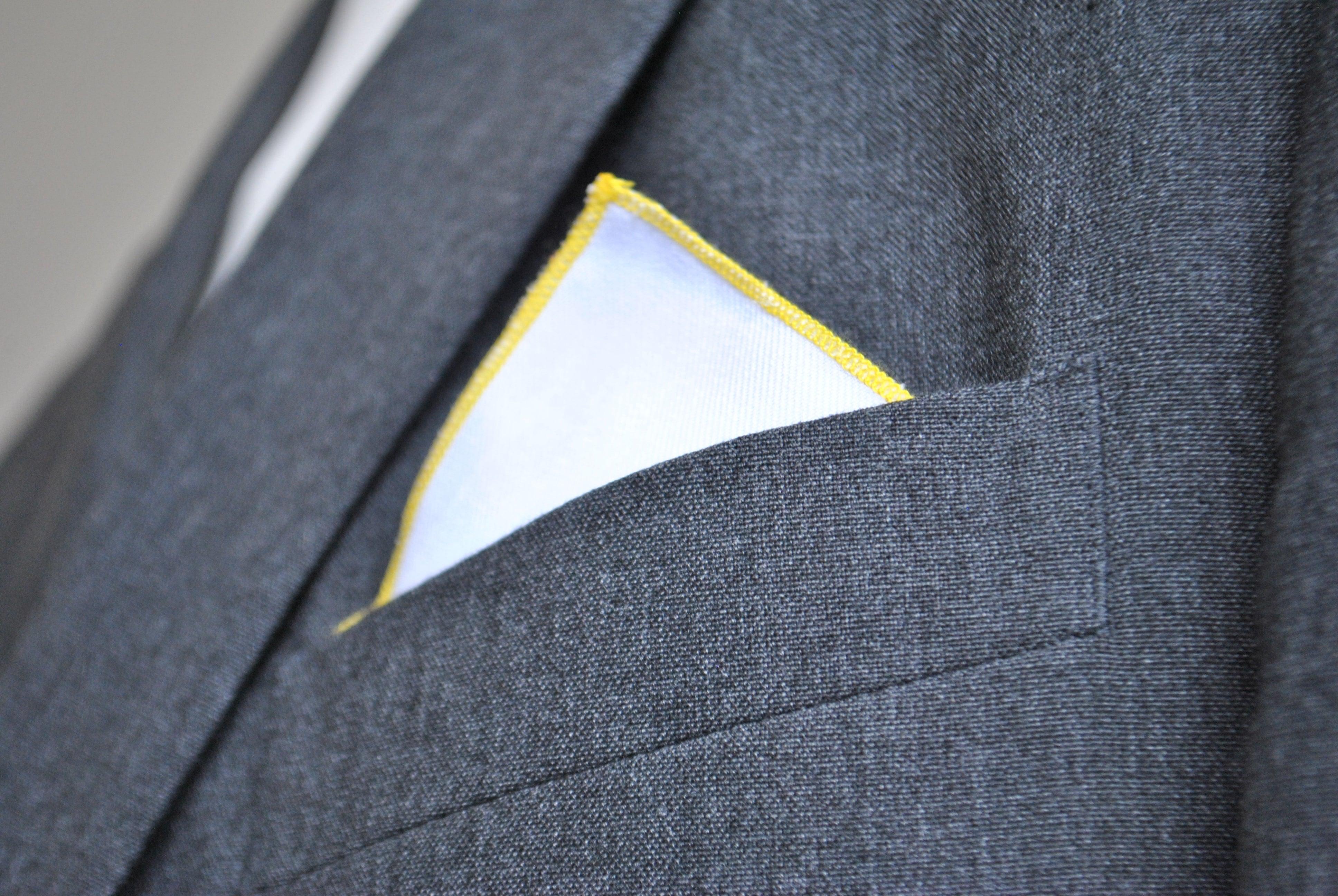 White Cotton Pocket Square with Yellow Edging - Image 2