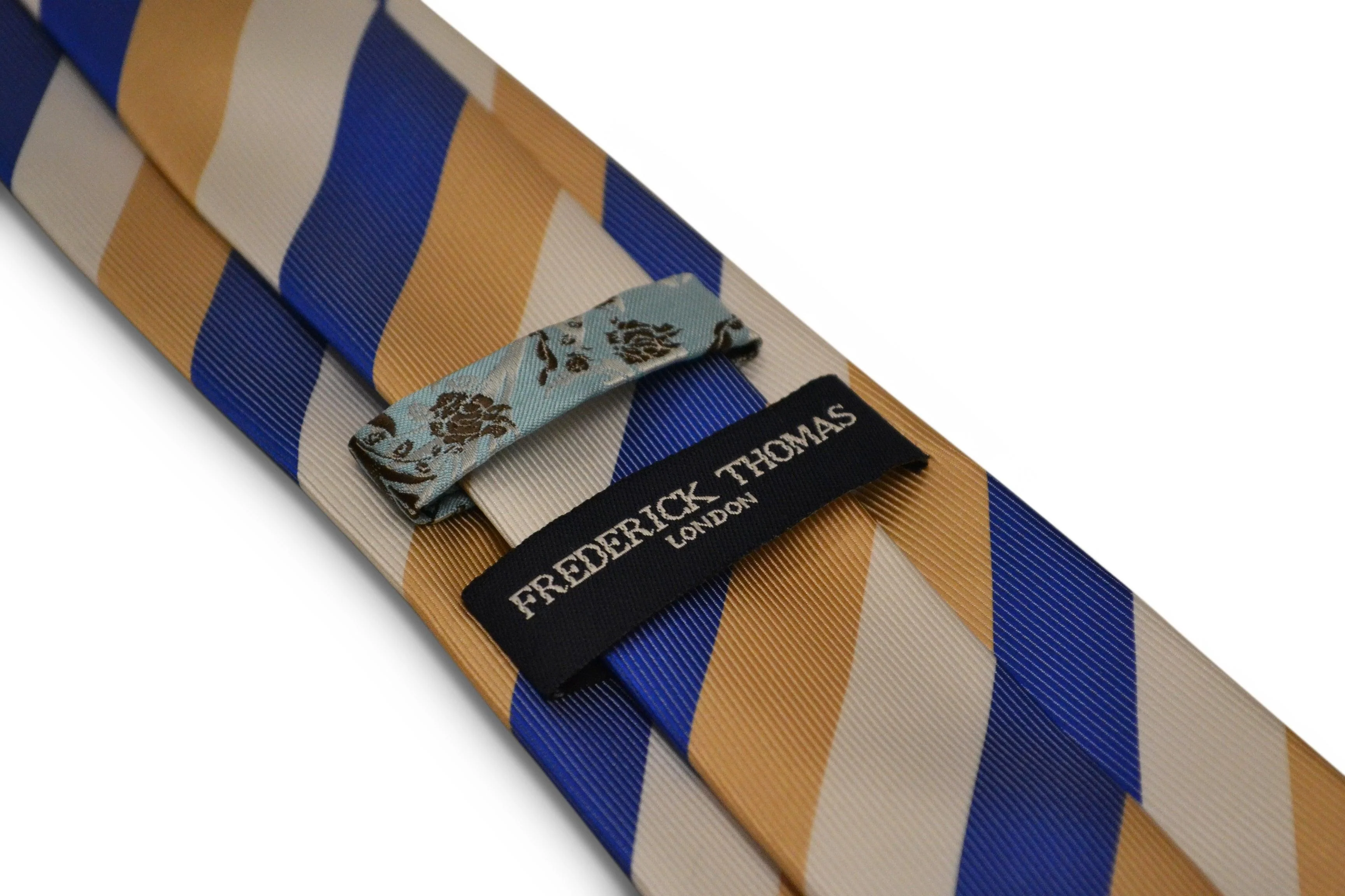 white, yellow gold and blue striped design tie - Image 2