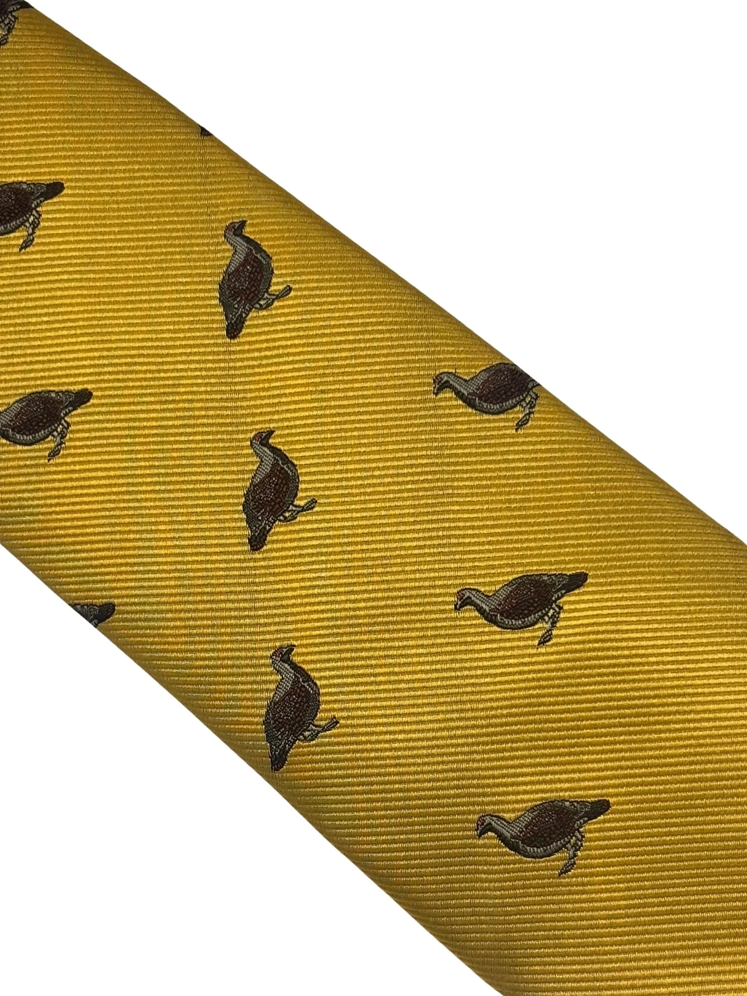 mustard  yellow tie with embroidered grouse design - Image 3